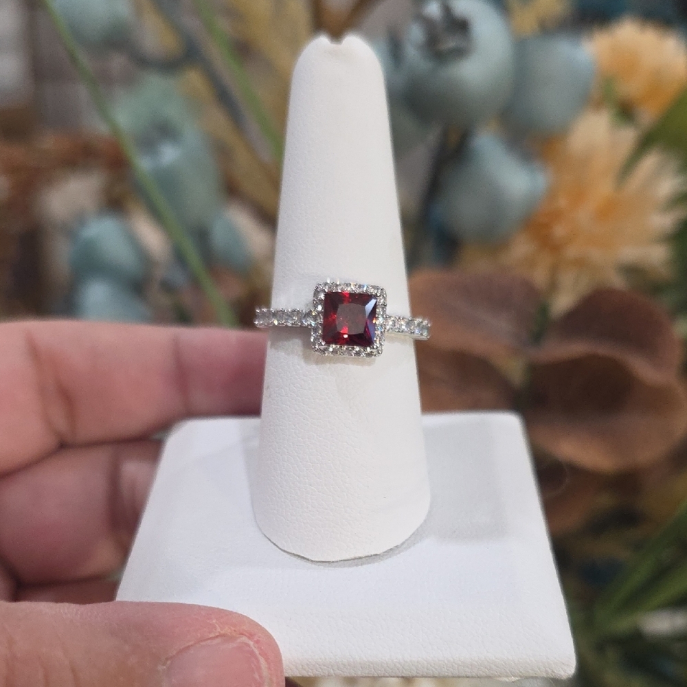 Elegant 14k Silver Plated Red Gemstone Ring